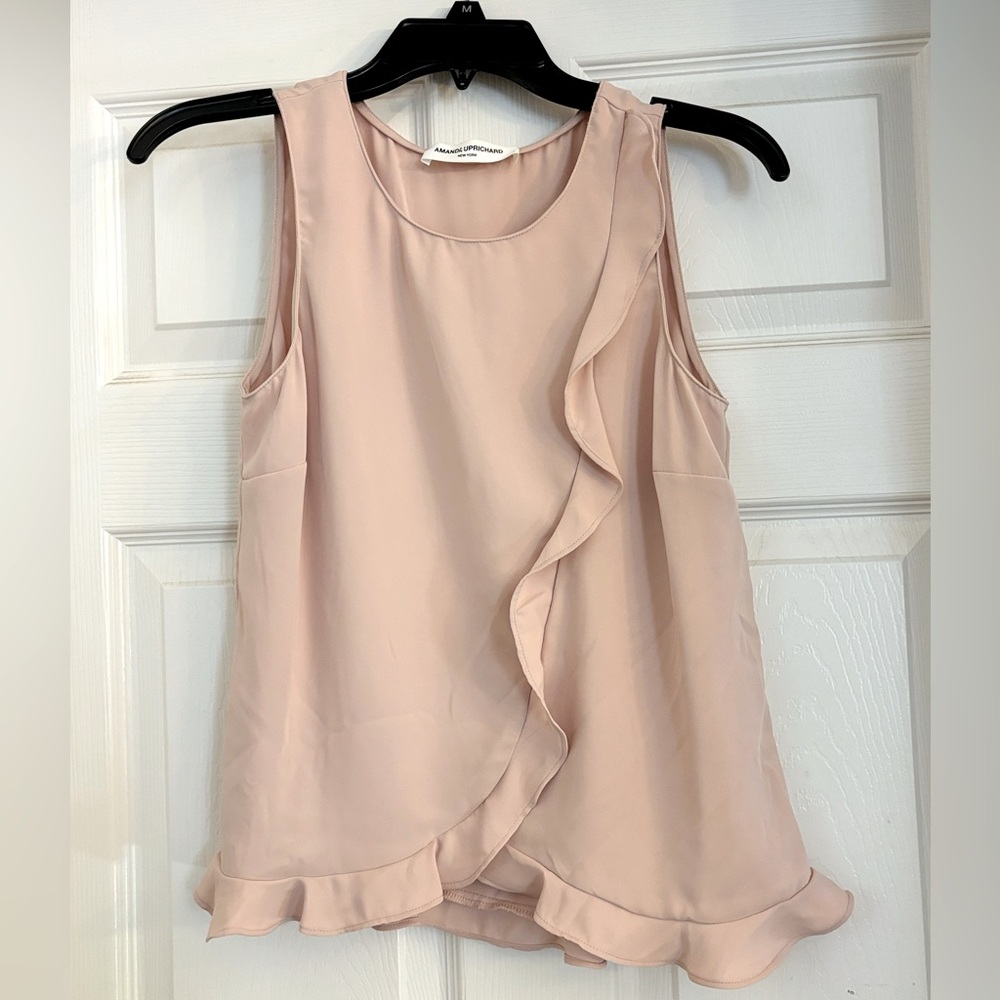 NWOT Amanda Uprichard REVOLVE Blush Crew Neck Ruffle Sleeveless Top Sz P Small